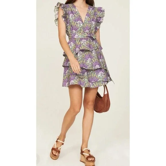 Marie Oliver Fiona Dress Sze XXS Purple Green Floral Cotton Vneck Ruffle Sleeve - Picture 1 of 9
